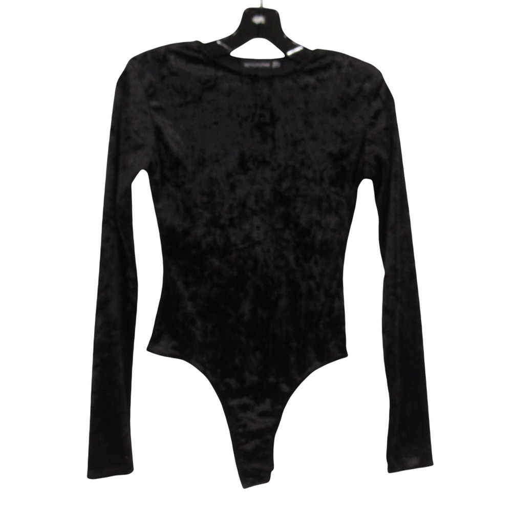 PRETTY LITTLE THING Black Stretch Velvet CREW NECK Fitted BODYSUIT/TOP Sz 2